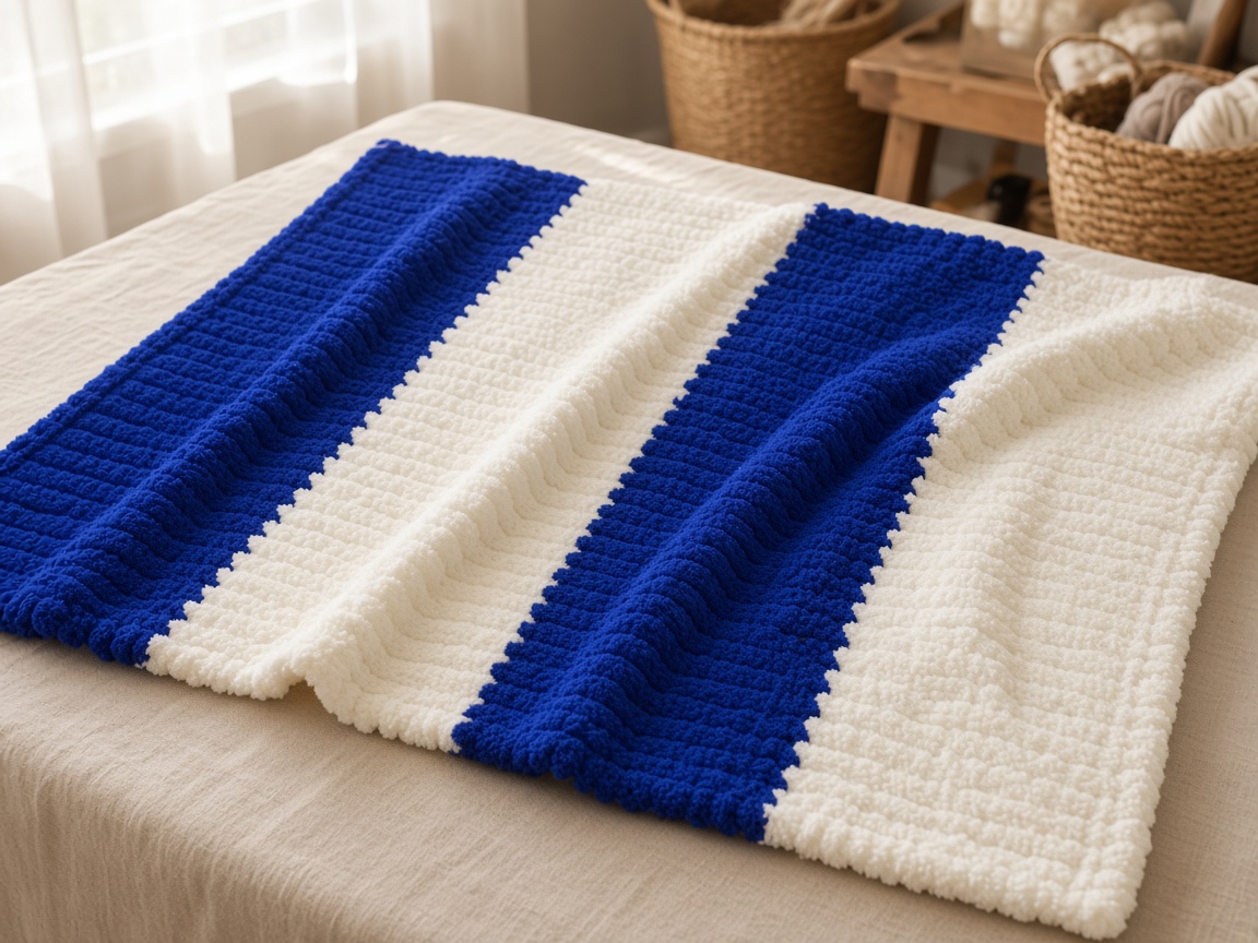 Blue & white banded throw